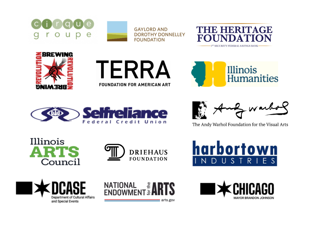 Logos of UIMA's supporting foundations and sponsors: Cirque Groupe, Gaylord and Dorothy Donnelley Foundation, The Heritage Foundation, Revolution Brewing, Terra Foundation for American Art, Illinois Humanities, Selfreliance Federal Credit Union, The Andy Warhol Foundation for the Visual Arts, Illinois Arts Council, Driehaus Foundation, Harbortown Industries, DCASE, National Endowment for the Arts, and the City of Chicago