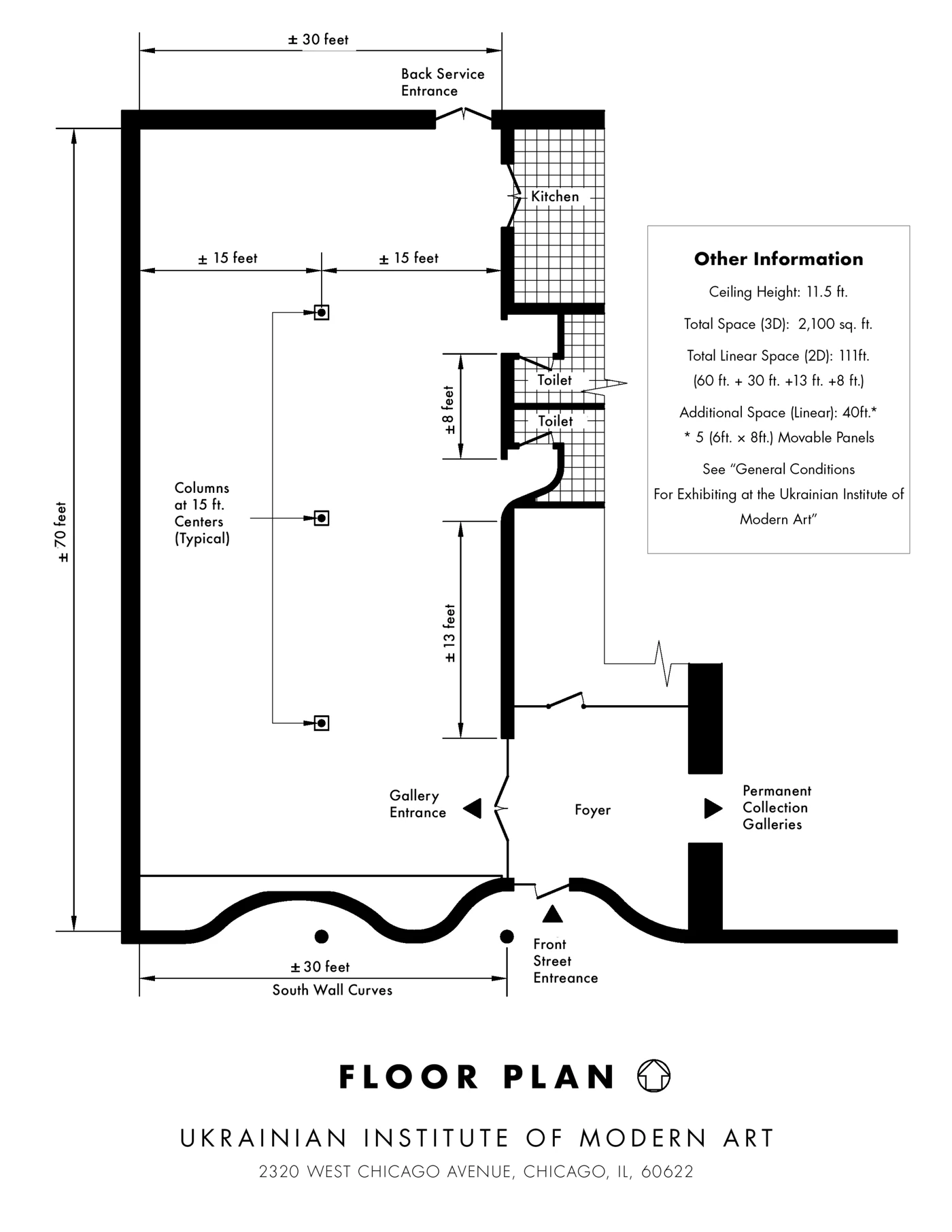 UIMA West Gallery floor plan: approximately 70 by 30 feet, 2,100 sq. ft. total, 11.5 ft. ceiling height, columns at 15 ft. centers, with kitchen, two restrooms, gallery entrance, foyer, and access to the Permanent Collection galleries