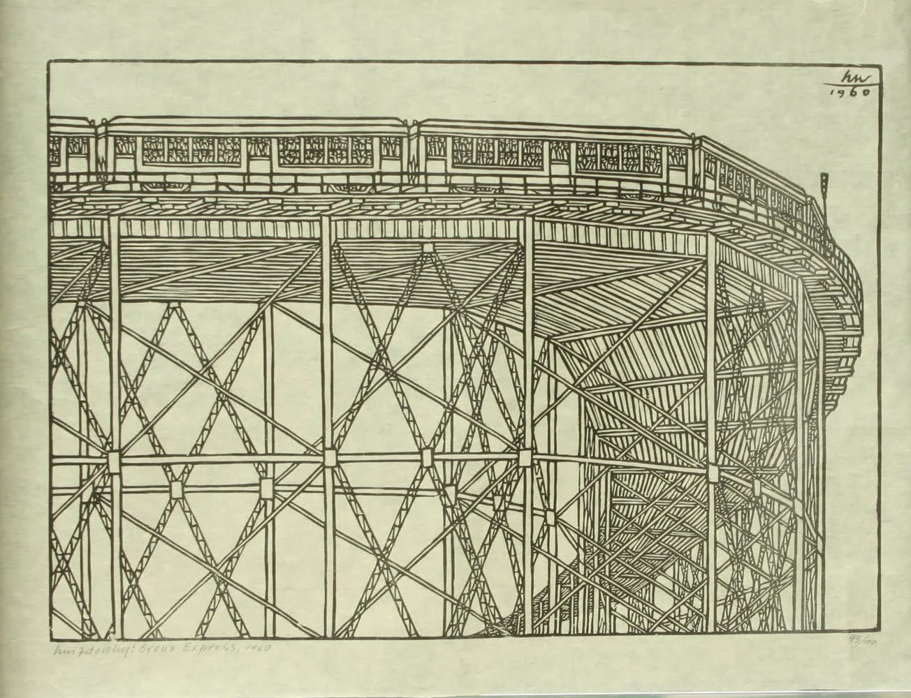 Jacques Hnizdovsky woodcut print of an elevated train structure, titled Bronx Express, 1960