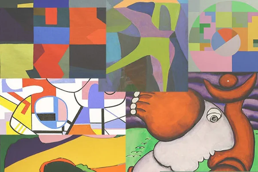 Colorful collage cover art for UIMA's Activity Coloring Book, featuring abstract geometric shapes and a surreal figure